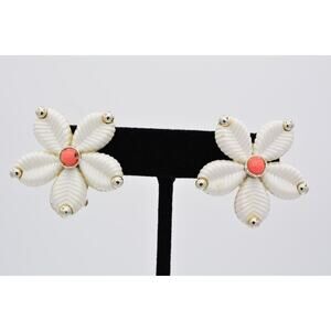 Marboux Vintage Clip Earrings Flower White Lucite Cabochon Signed 1980s BinAV